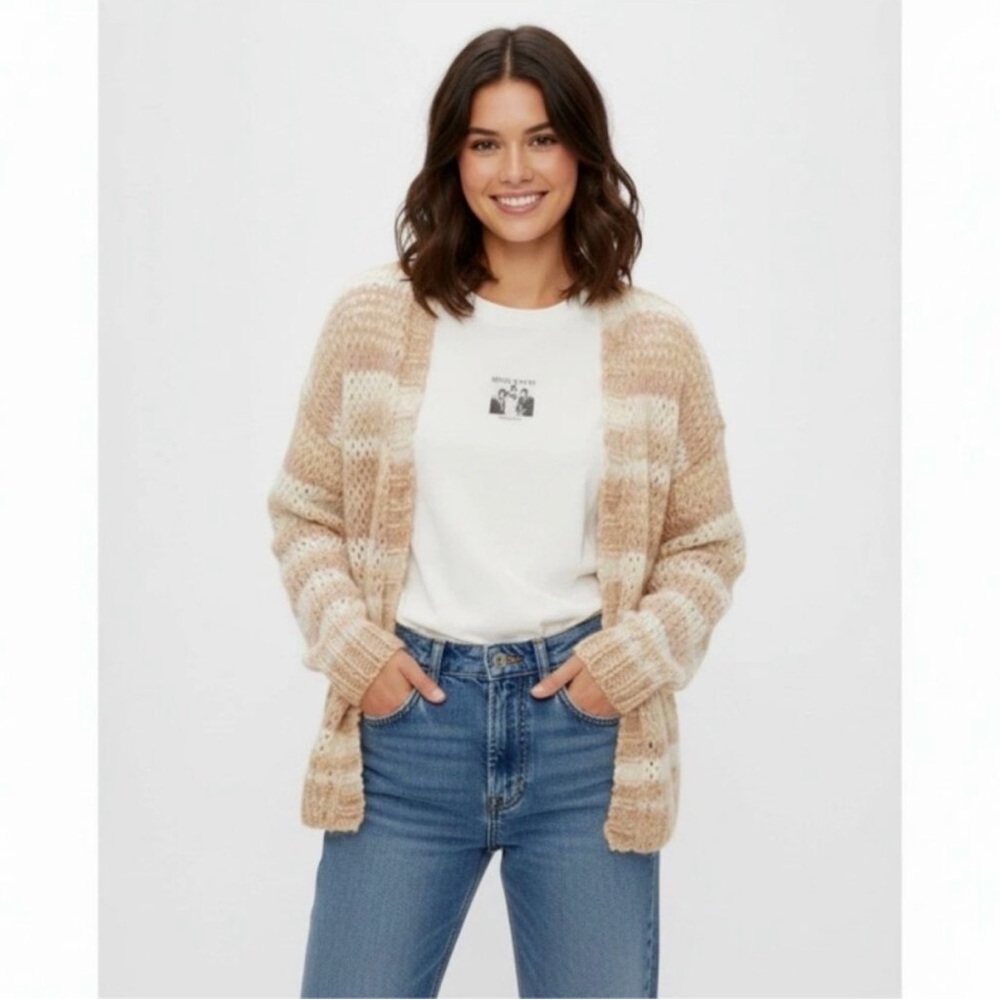 American Eagle Chunky Knit Stripe Oversized Cardigan - Blush/Tan/Cream - XL